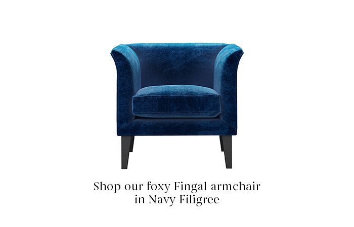 Shop our foxy Fingal armchair in Navy Filigree