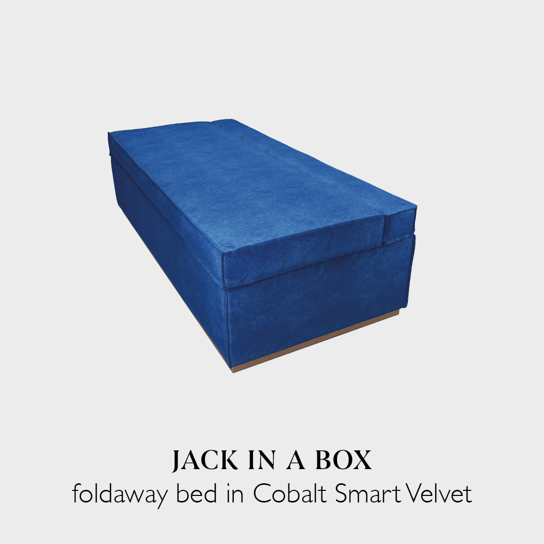 Jack in a box foldable bed in Cobalt Smart Velvet fabric